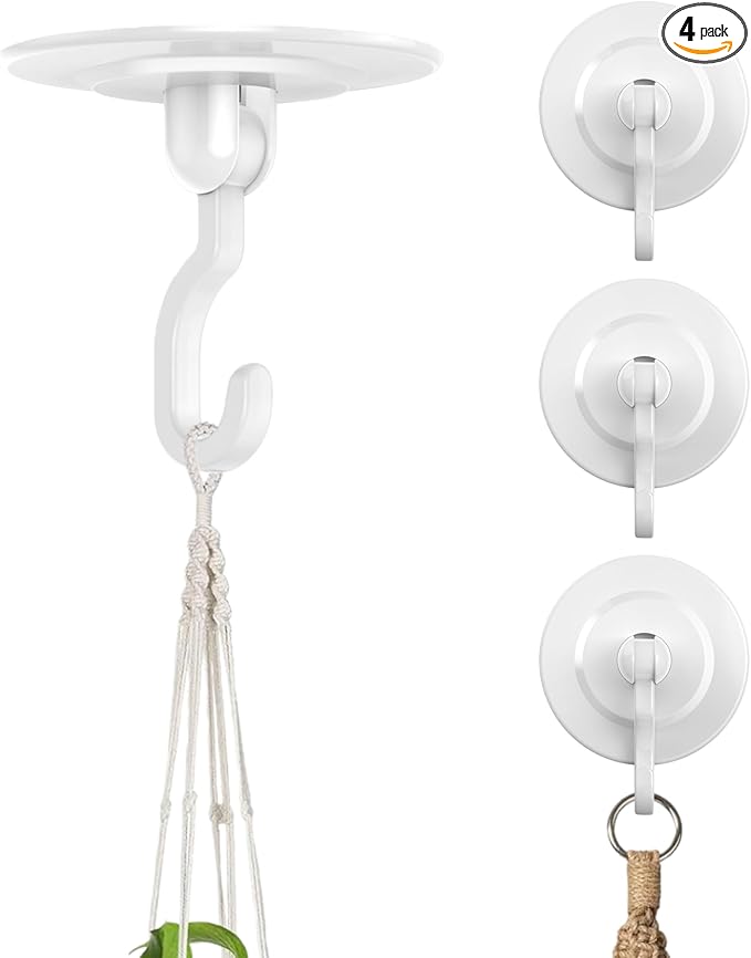 Adhesive Wall & Ceiling Decor Hooks: 4-Pack 3 lbs Heavy Duty No-Drill 360° Swivel Adjustable for Hanging Home Accents Lights Plants Wind Chimes Compatible with 3M Command Strips