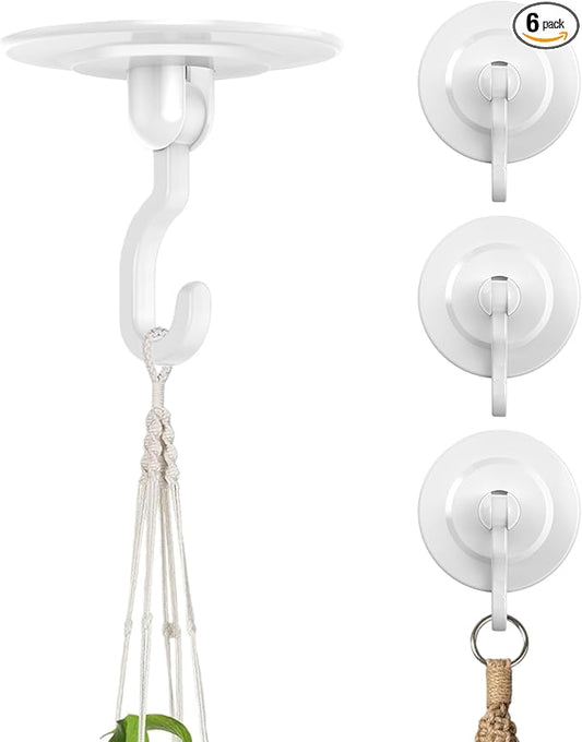 Adhesive Wall & Ceiling Decor Hooks: 6-Pack 3 lbs Heavy Duty No-Drill 360° Swivel Adjustable for Hanging Home Accents Lights Plants Wind Chimes Compatible with 3M Command Strips