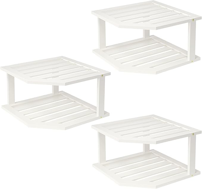 Bamboo Corner Shelf(3 Pack),2 Tier Plate Organizer for Cabinet and Countertop,Pantry Dish and Spice Rack for Kitchen(White)