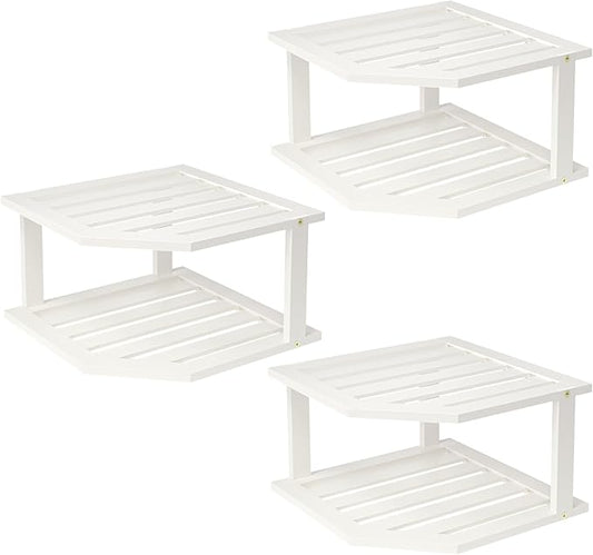Bamboo Corner Shelf(3 Pack),2 Tier Plate Organizer for Cabinet and Countertop,Pantry Dish and Spice Rack for Kitchen(White)