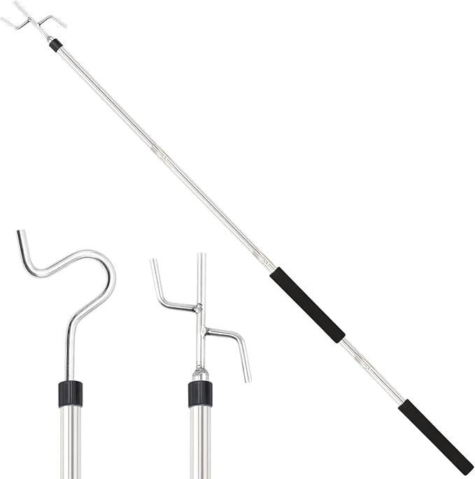 Clothes Hook Pole Heavy Duty,32 to 80In Retail Clothing Hook Pole Long Handle with 2 Hooks Hanging Birdfeeder Frosted Tube Extension Pole to Reach High Hangers for Turck (Silvery 80in)