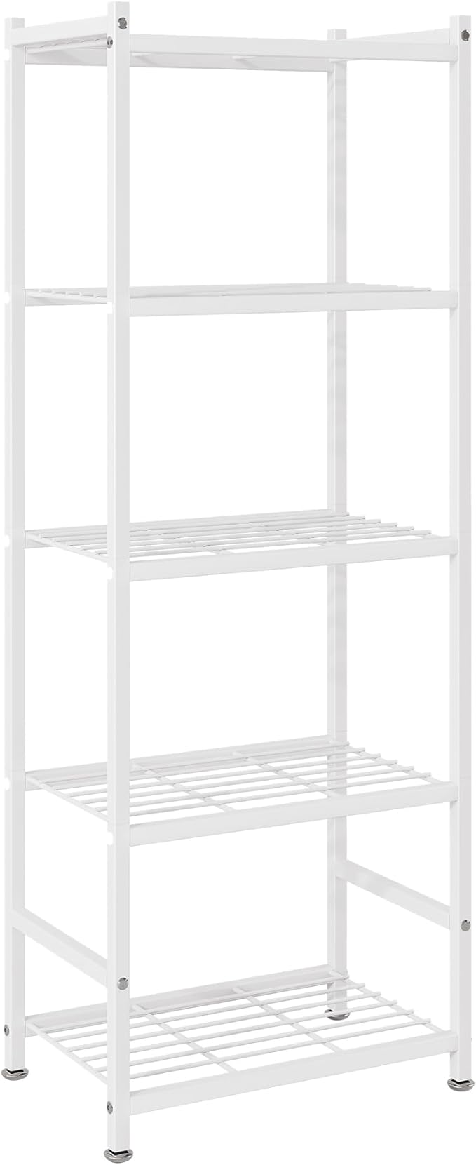 Small Storage Shelves, 5-Tier Metal Shelving Unit with Adjustable Feet, Compact Shelf Organizer for Garage, Kitchen, Pantry and Closet Organization, 17.7" x 11.8" x 56.3",White