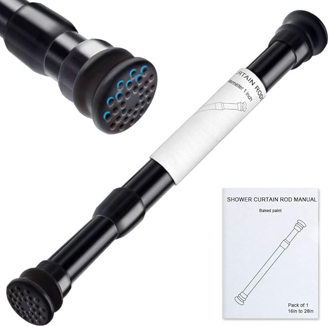 Strong Small Tension Rods 16 to 28 Inch Diameter 22 MM 1Pcs 1inch Shower Curtain Rod Black, Anti-slip -Heavy Duty Adjustable Spring Tension Rod for Windows,Bathroom