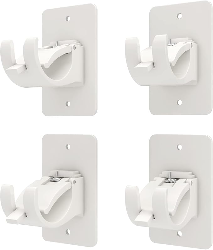 4PCS No Drill Curtain Brackets, Self-Adhesive Rod Holders, Universal Plastic Nail Free Adjustable, Curtain Hooks for Rods Less Than 1.57 Inch Diameter (White)