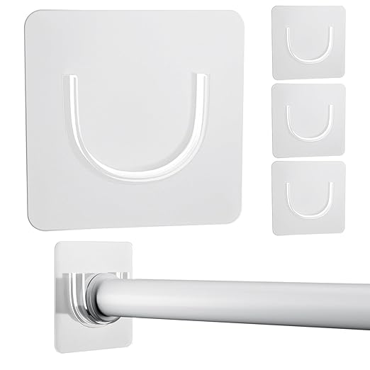 4 Pack Shower Rod Holder with Strong Adhesive, Shower Curtain Rod Holder No Drilling,Shower Bar Holder,Tension Curtain Rod Bracket, Small