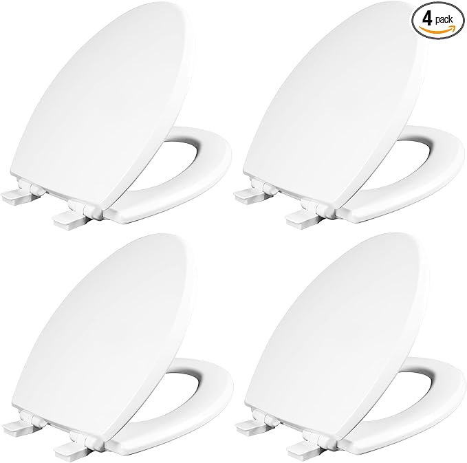 Mayfair Cassel Slow Close Toilet Seat, Easy Clean, Non Slip Premium Wood Seat, Easy Install, Made in USA, Elongated, White, 4-Pack