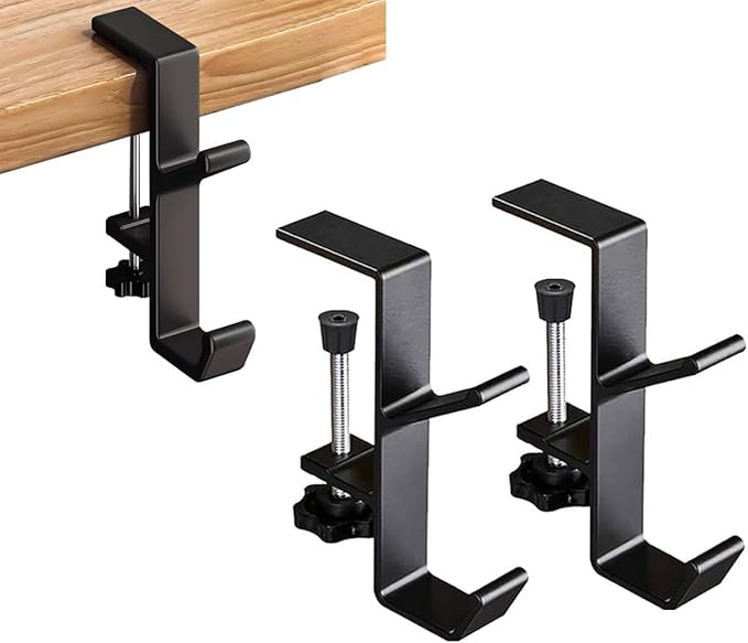 YUANQIAN Clamp-On Under Desk Headphone Holder Backpack Hook Students' Desk Hook with Adjustable Arm Clamp Women's Bag Handbag and Purse Holder -Suitable for Plate Between 1-5cm (3Pack Black, 3)