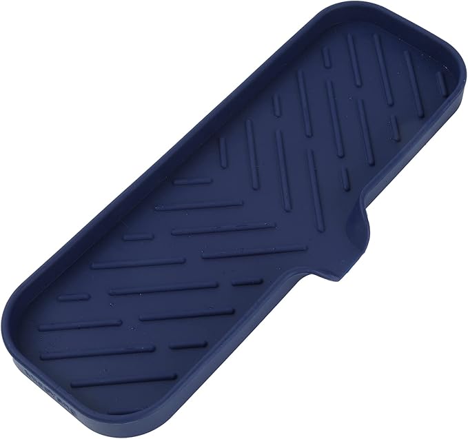 MicoYang Silicone Soap Dish with Drain Spout — Self-Draining Double Sink Organizer Tray for Kitchen & Bathroom, Dispensers, Sponges & Soap Holder, Non-Slip & Dishwasher Safe, Navy Blue (Large, 12"×4")