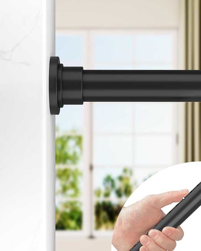 ALLZONE Tension Curtain Rod for Windows,123 to 160 Inch, Heavy Duty Extra Long Curtain Rods, Non-Slip Bathroom Shower Tension Rod, Renter Friendly, Adjustable, Spring Loaded, Black