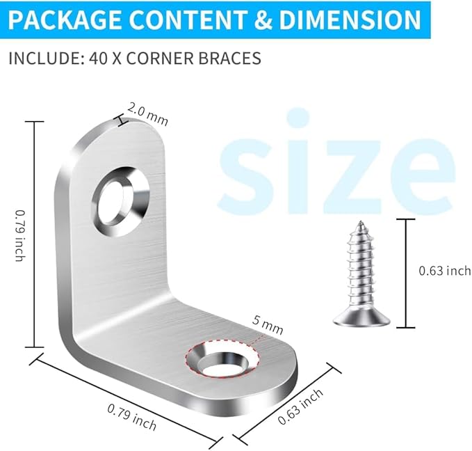 FATLODA 40pcs L Bracket Corner Brace, Stainless Steel Corner Bracket Fastener for Wood Chair Bookshelf Furniture Cabinet with 80pcs Screws (20mmx20mm)