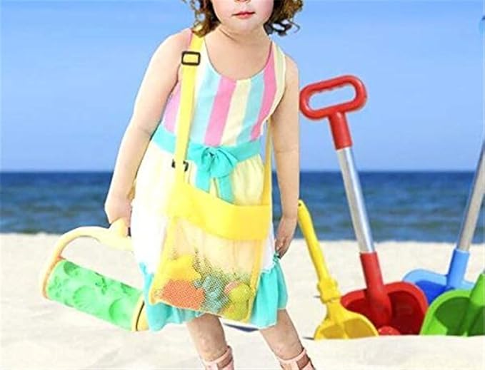 COTDINFORCA 5-PCS Colorful Mesh Beach Bags Sand Away Portable Foldable Sea Shell Bag with Adjustable Carrying Straps/Toy Storage Bag [Yellow, Rose, Purple, Green, Blue] Set of 5 Beach Bags