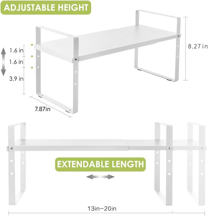 Expandable Cabinet Shelf Organizer Rack, Stackable Kitchen Counter Storage Shelves Stand, Adjustable Height Pantry Shelf Spice Rack (White, 1 Pack)
