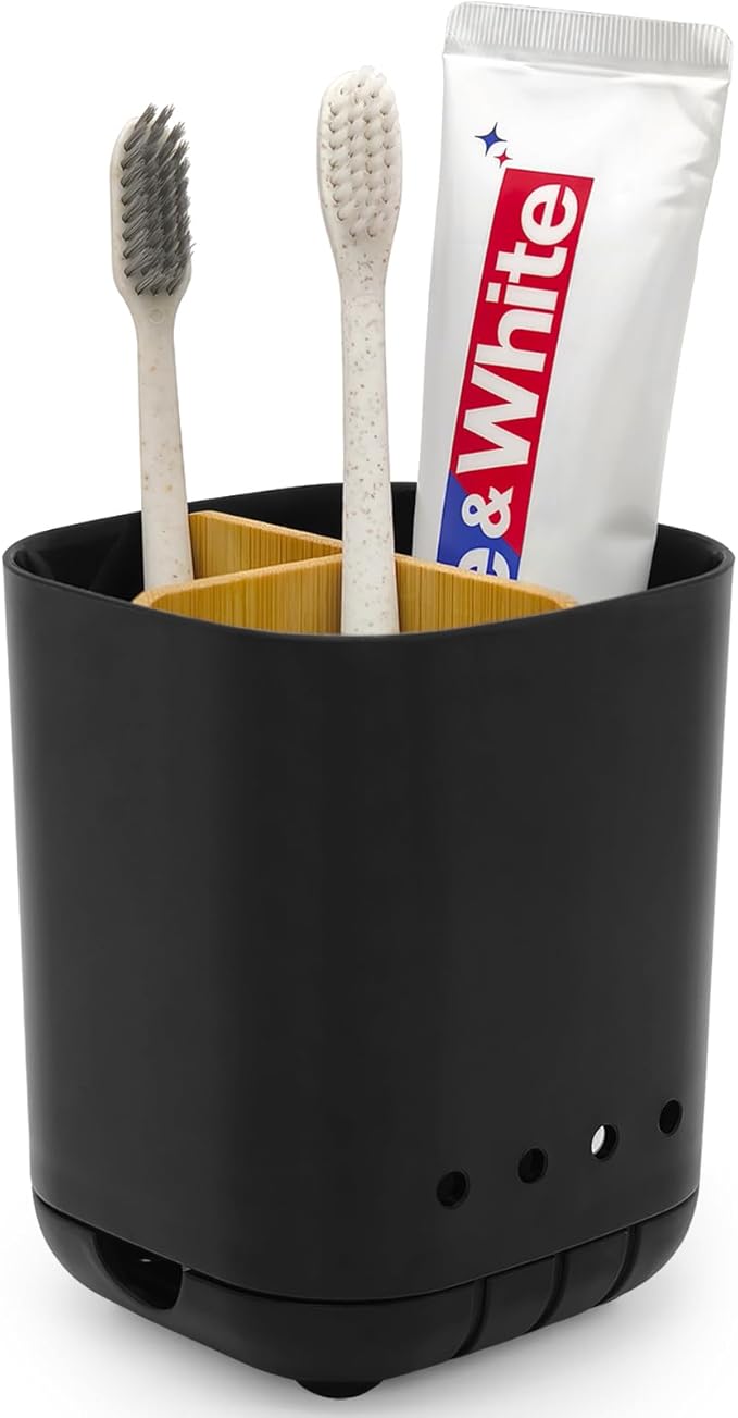 Toothbrush Holder with Bamboo Divider,Detachable for Easy Cleaning Bathroom Countertop Organizer,Plastic 3 Slots Electric Toothbrush and Toothpaste Holders Storage Caddy for Bathroom Vanity,Sink-Black