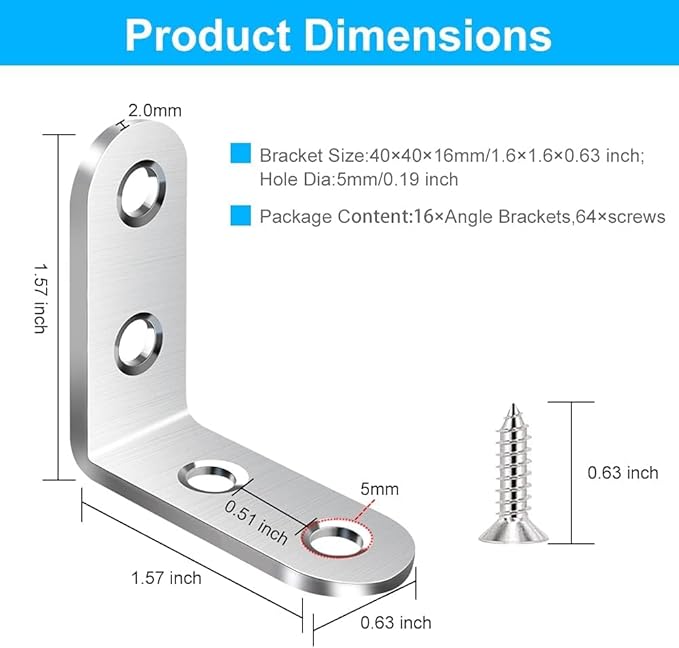 FATLODA 18PCS L Bracket & Corner Brace, Stainless Steel Right Angle Brackets for Shelves & Furniture with 72 Screws (40mmx40mm)