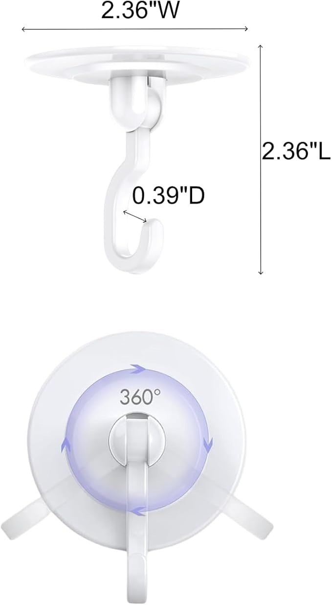 Adhesive Wall & Ceiling Decor Hooks: 6-Pack 3 lbs Heavy Duty No-Drill 360° Swivel Adjustable for Hanging Home Accents Lights Plants Wind Chimes Compatible with 3M Command Strips