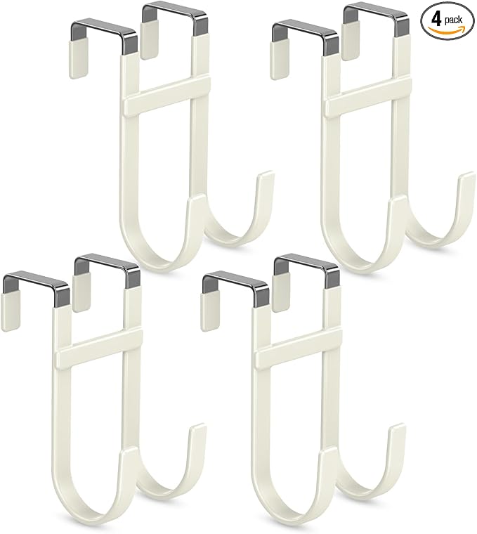 FYY Over The Door Hooks - 4 Pack Heavy Duty Double-Hanger Organizer for Bathroom Bedroom Dorm, Hanging Clothes Towels Hats Bags Ironing Board Wreath Robe - Fits Interior Doors Up to 1 3/8" Beige