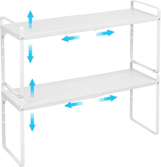 15.5 to 25.5 Inch Expandable Kitchen Cabinet Organizer Shelf, 30 LBS Heavy Duty Stackable Kitchen Counter Storage Shelves Organizers, 2 Pack Adjustable Small Storage Shelf Rack for Cabinet Cupboard