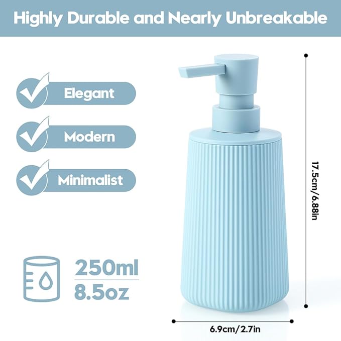 Small Soap Dispenser for Bathroom and Kitchen, Modern Farmhouse Striped Style Plastic Hand Soap Dish Soap Dispenser with Pump Light Blue