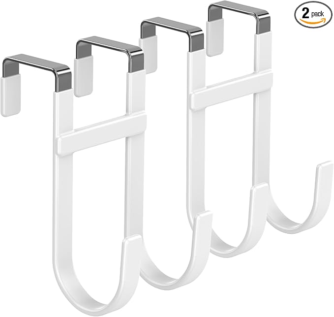 FYY Over The Door Hooks - 2 Pack Heavy Duty Double-Hanger Organizer for Bathroom Bedroom Dorm, Hanging Clothes Towels Hats Bags Ironing Board Wreath Robe - Fits Interior Doors Up to 1 3/8" White