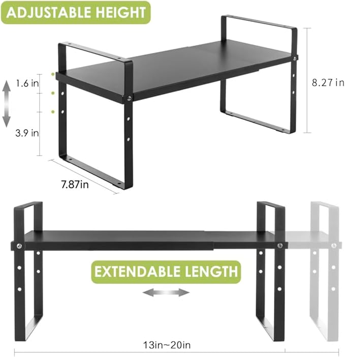 Expandable Cabinet Shelf Organizer Rack, Stackable Kitchen Counter Storage Shelves Stand, Adjustable Height Pantry Shelf Spice Rack (Black, 1 Pack)