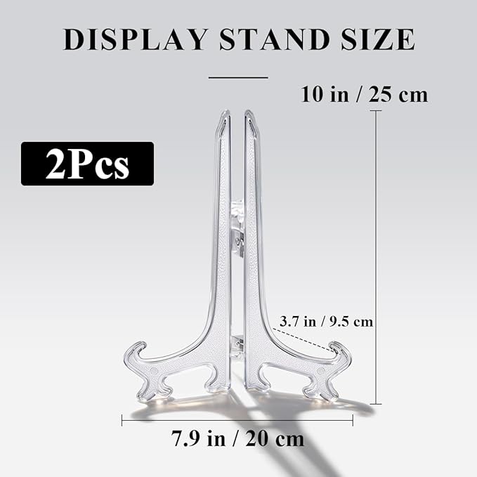 10 Inch Clear Acrylic Easel Stand 2pcs Large Plate Display Holder for Decorative Chargers Wall Art Framed Photos Table Centerpieces Wedding Decor Foldable