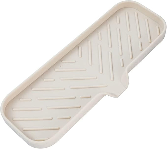 MicoYang Silicone Soap Dish with Drain Spout — Self-Draining Double Sink Organizer Tray for Kitchen & Bathroom, Dispensers, Sponges & Soap Holder, Non-Slip & Dishwasher Safe, Tapioca (Large, 12"×4")