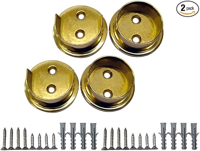 QCAA Extra Heavy Duty Premium Solid Brass Closet Pole Socket Set, 1-1/2 inch, with Stainless Screws, Polish Brass Lacquered, 2 Pairs, Made in Taiwan