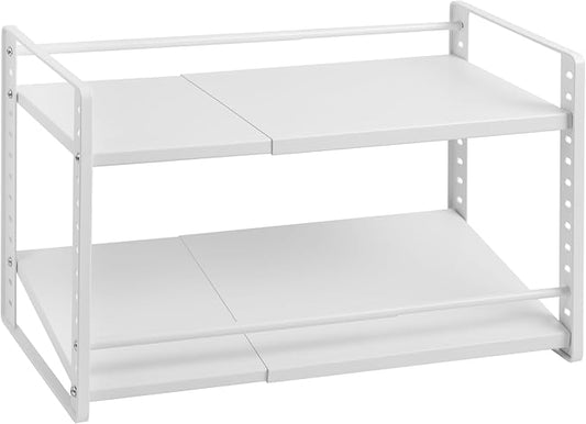 Expandable Adjustable 2-Tier Cabinet Shelf Organizer, White Metal Kitchen Pantry Countertop Storage Rack, Height Adjustable