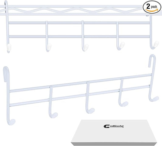 CroBlissful 2 Pcs 5 Hook Attachment for Wire Shelving 1.5 x 12 x 4 Inch Hanging Hooks Rack Wire Chrome Plated Steel Shelf Accessories Metal Hook Bars for Storage Display Organizer (White)