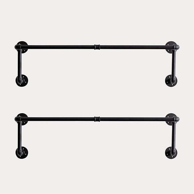Homeyeeng Clothes Rack, Industrial Wall Pipe Clothing Rack for Hanging Clothes, Wall Mounted Heavy Duty Space Saving Garment Rack, Multi-Purpose Clothing Hanging Rods for Closet Storage, Black, 2Pcs