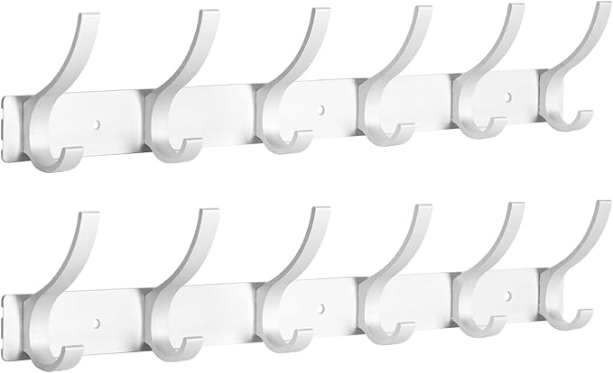 Optish Coat Rack Wall Mount, Coat Hook Wall Mount, Wall Hooks for Hanging, Hat Rack for Walls, Coats Hanger with 12 Hook, Towel Hooks for Bathrooms (2 Pack, Silver)