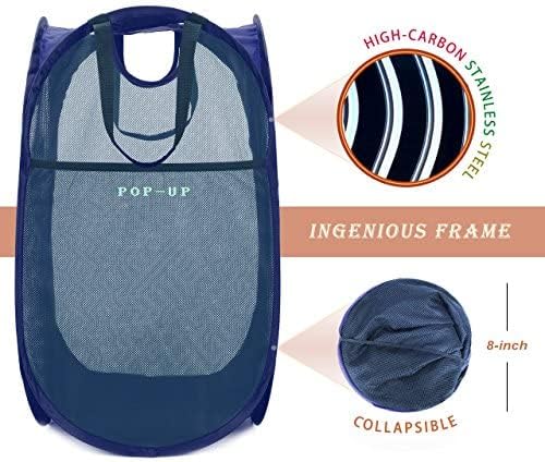 HOUSE AGAIN 2 Pcs Pop Up Laundry Hamper, Strong Mesh Laundry Baskets Collapsible, Hamper with Handles and Side Pocket, Portable Foldable Dirty Clothes for Dorm, Laundry room and Travel Storage, Blue