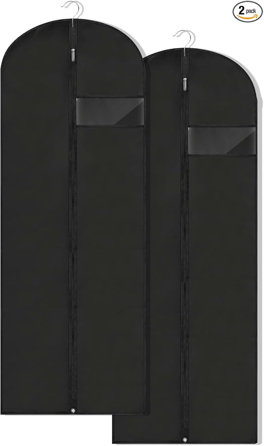 Dress Bags for Gowns Long, 65'' Garment Bags for Hanging Clothes, Suit Bag Cover for Storage and Travel, 2 Pack (Black)