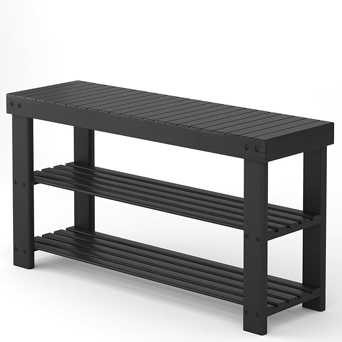 Sweetcrispy Shoe Rack Bench, 3-Tier Bamboo Entryway Storage Organizer, 286lb Capacity, Shoes Stand for FrontDoor Entrance, Bedroom, Living Room, Bathroom, Balcony, 35 Inches Length, Black