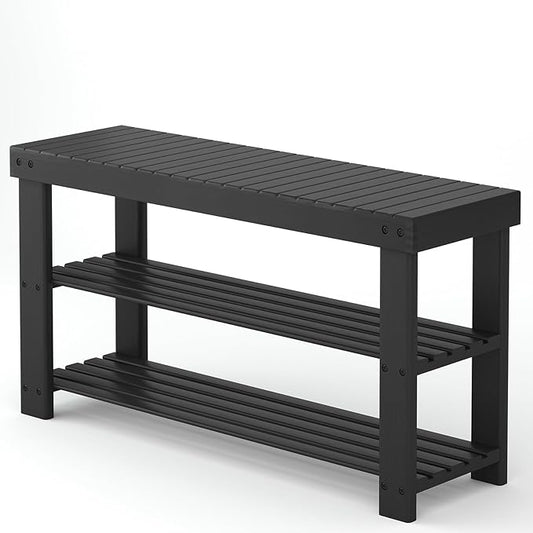 Sweetcrispy Shoe Rack Bench, 3-Tier Bamboo Entryway Storage Organizer, 286lb Capacity, Shoes Stand for FrontDoor Entrance, Bedroom, Living Room, Bathroom, Balcony, 35 Inches Length, Black