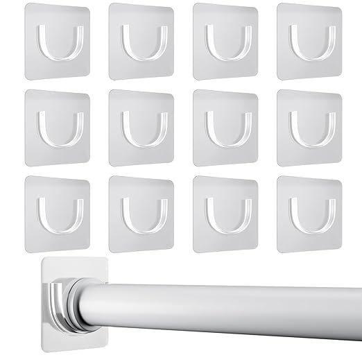12 Pack Shower Rod Holder with Strong Adhesive, Shower Curtain Rod Holder No Drilling, Shower Bar Holder,Tension Curtain Rod Bracket, Small