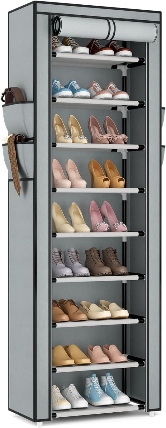 Shoe Rack with Cover Narrow Shoe Rack Organizer with 4 Side Pockets 10 Tier Tall Shoe Storage Shoe Shelf Holds 18-22 Pairs Shoes and Boots Shoe Rack for Closet, Grey