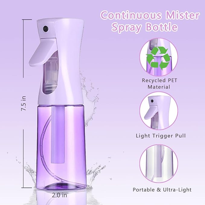 3 Pack Spray Bottles, 2-Pack Continuous Spray Bottles,Fine Water Mist Spray Bottles for Hair 6.8 OZ (200 ML) and 1oz 30ml Travel Spray Bottle Mister for Cleaning,Hairstyling,Plants,Barbers,Pets Purple