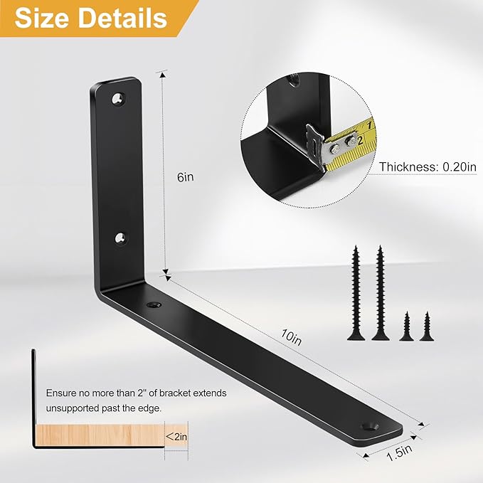 6 Pack - L 10" x H 6" x W1.5, 5mm Thick Black L Shelf Bracket, Iron Shelf Brackets, Metal Shelf Brackets, Floating Shelf, Shelf Supports with Screws