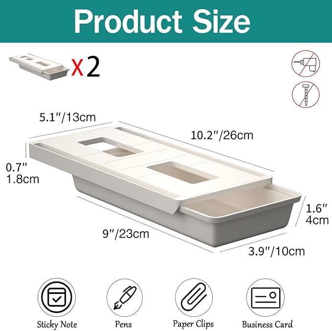 2Pack Under Table Desk Drawer Storage Organizer Slide Out, Hidden Self-Adhesive Under Desktop Pencil Tray Drawer for Office,Classroom,Kitchen(S/white）