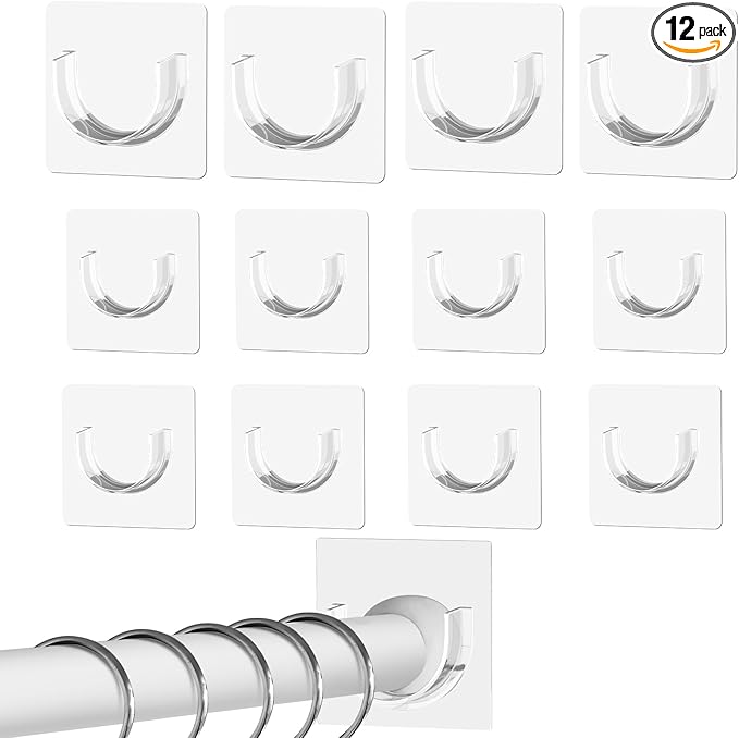 12 Pack Heavy Duty Shower Rod Holders No Drilling, Adhesive Curtain Rod Brackets for Wall, Tension Rod Holder Supports 30 lbs, Waterproof for Tile Marble, Home Rental RV (Rod Not Included)