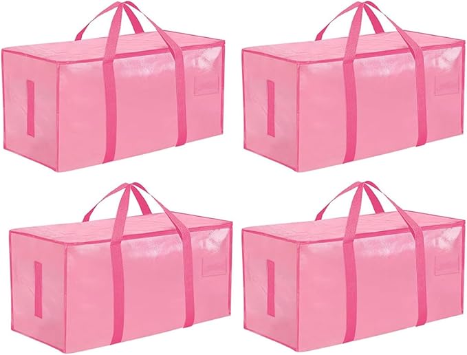 Extra Large Heavy Duty Moving Bags - Waterproof Storage Totes with Reinforced Handles & Zippers, Foldable for College Dorm Essentials, Clothes Storage & Travel (4-Pack Pink)