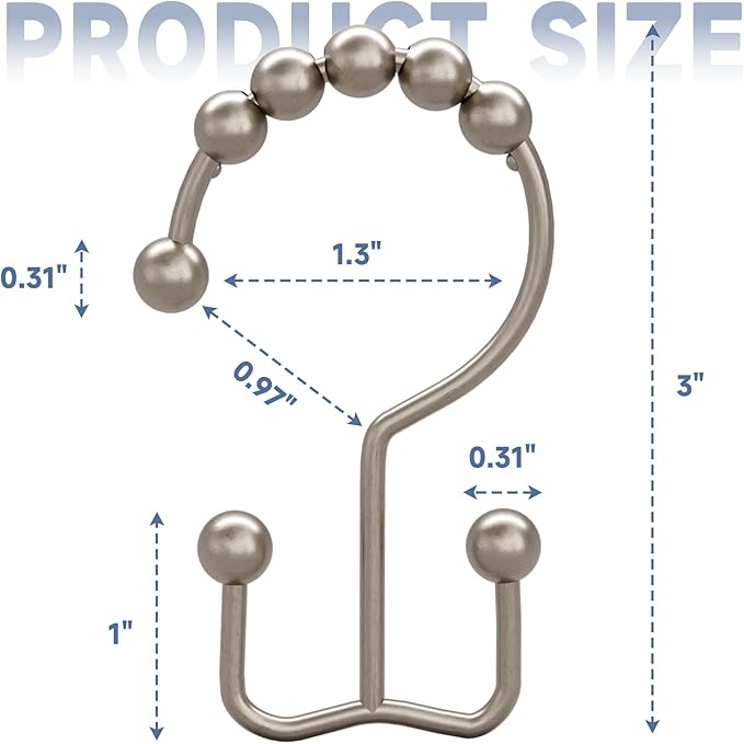 Titanker Shower Curtain Hooks Rings, Rust-Resistant Metal Double Glide Shower Hooks for Bathroom Shower Rods Curtains, Set of 12 Hooks - Matte Nickel