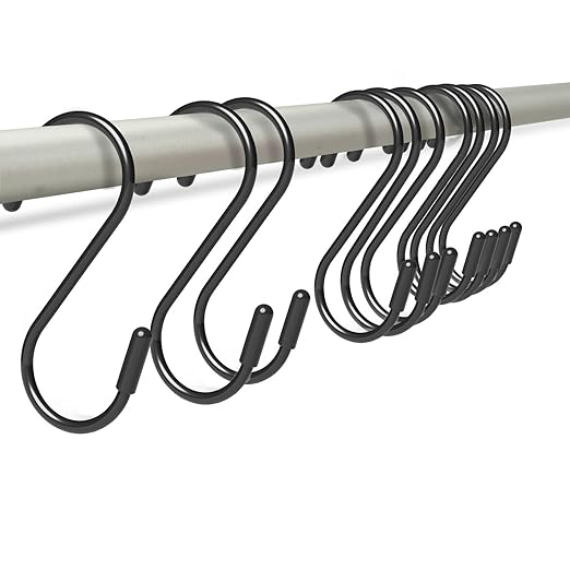 Heavy Duty Metal S-Hooks for Hanging, 3 Inch 10 Pack Vinyl Coated S Hooks for Hanging Plants, Kitchen Utensils, Bags, Jeans, Pots (Black)