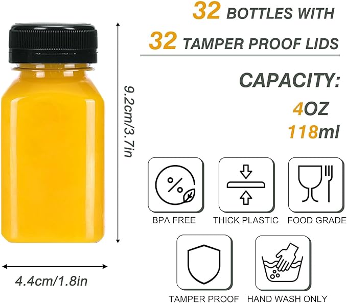 TOMNK 32pcs Juice Bottles with Caps, 4oz Plastic Containers with Lids Empty Reusable Clear Ginger Shots Bottles with Label, Funnel, and Brush Beverage for Juicing, Smoothies, Drinking, Fridge