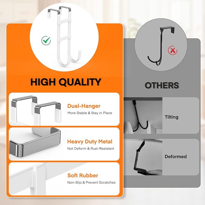 FYY Over The Door Hooks - 2 Pack Heavy Duty Double-Hanger Organizer for Bathroom Bedroom Dorm, Hanging Clothes Towels Hats Bags Ironing Board Wreath Robe - Fits Interior Doors Up to 1.6” White