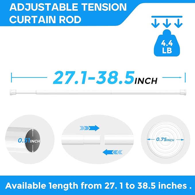 2 Pack White Spring Tension Curtain Rods 28-38 Inches, Spring Loaded Curtain Rods No Drilling, Adjustable Small Tension Rod for Windows, Kitchen, Doorway, Bathroom, Closet