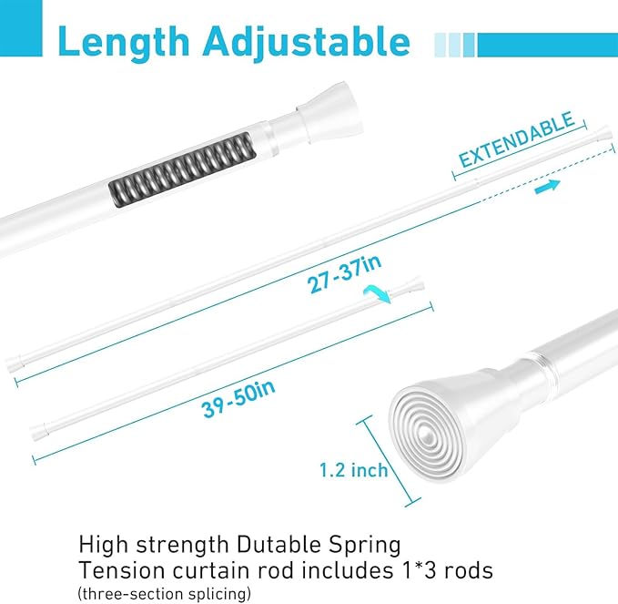 Tension Curtain Rod for Windows 27 to 50 Inch，Spring Tension Rods White Curtain Rods No Drilling Adjustable Spring Rod Extendable Tension Rod for Kitchen, Bathroom, Window, Bookshelf.