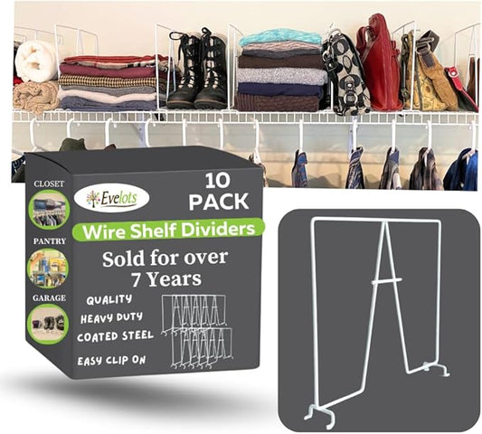 Evelots Wire Shelf Dividers -10 Pack- Closet Storage & Organization for Office/Pantry/Garage - Tall Shelf Separator - Easy Clip-No Tool - Solid Coated Steel