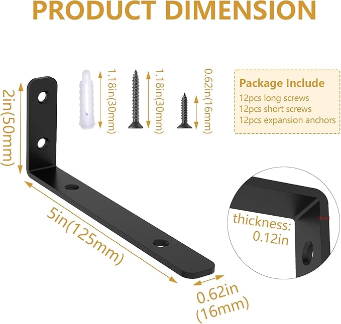 LSK 6PCS L Bracket, 5"×2"(125×50mm) Shelf Support Corner Bracket for Wooden Board, Max Load : 42lb, Black